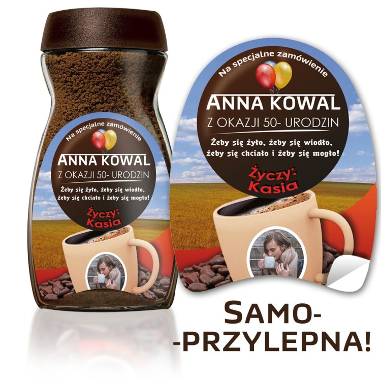 Personalizowana etykieta na słoik kawy - ze zdjęciem i z życzeniami