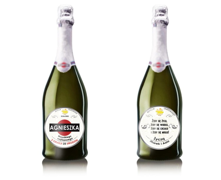 Etykiety z personalizacją urodzinową na martini - imię, życzenia, data