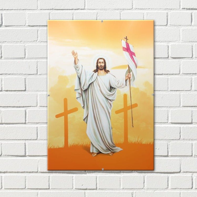 Obrazek religijny z Jezusem Chrystusem Zmartwychwstałym - tło Golgota