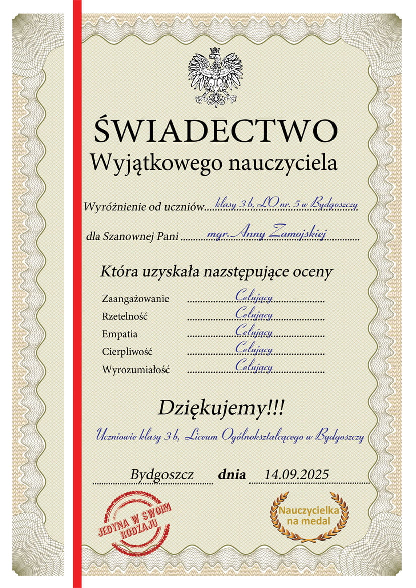 Personalzikowane Świadectwo dla wyjątkowego nauczyciela w antyaie A3 lub A4