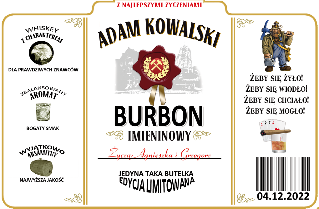 Personalizowana etykieta dla górników na whiskey JIM