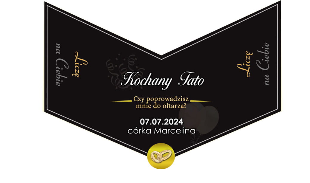 Prośba o poprowadzenie do ołtarza na ślubie - etykieta na alkohol od Panny Młodej dla taty