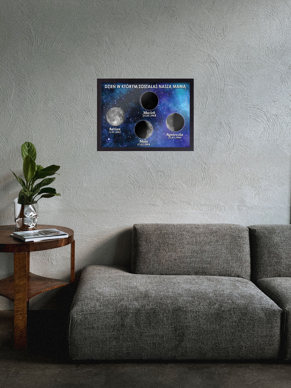 Wyjątkowy prezent dla Mamy. Pamiątka z fazami księżyca datami narodzin synów, córek