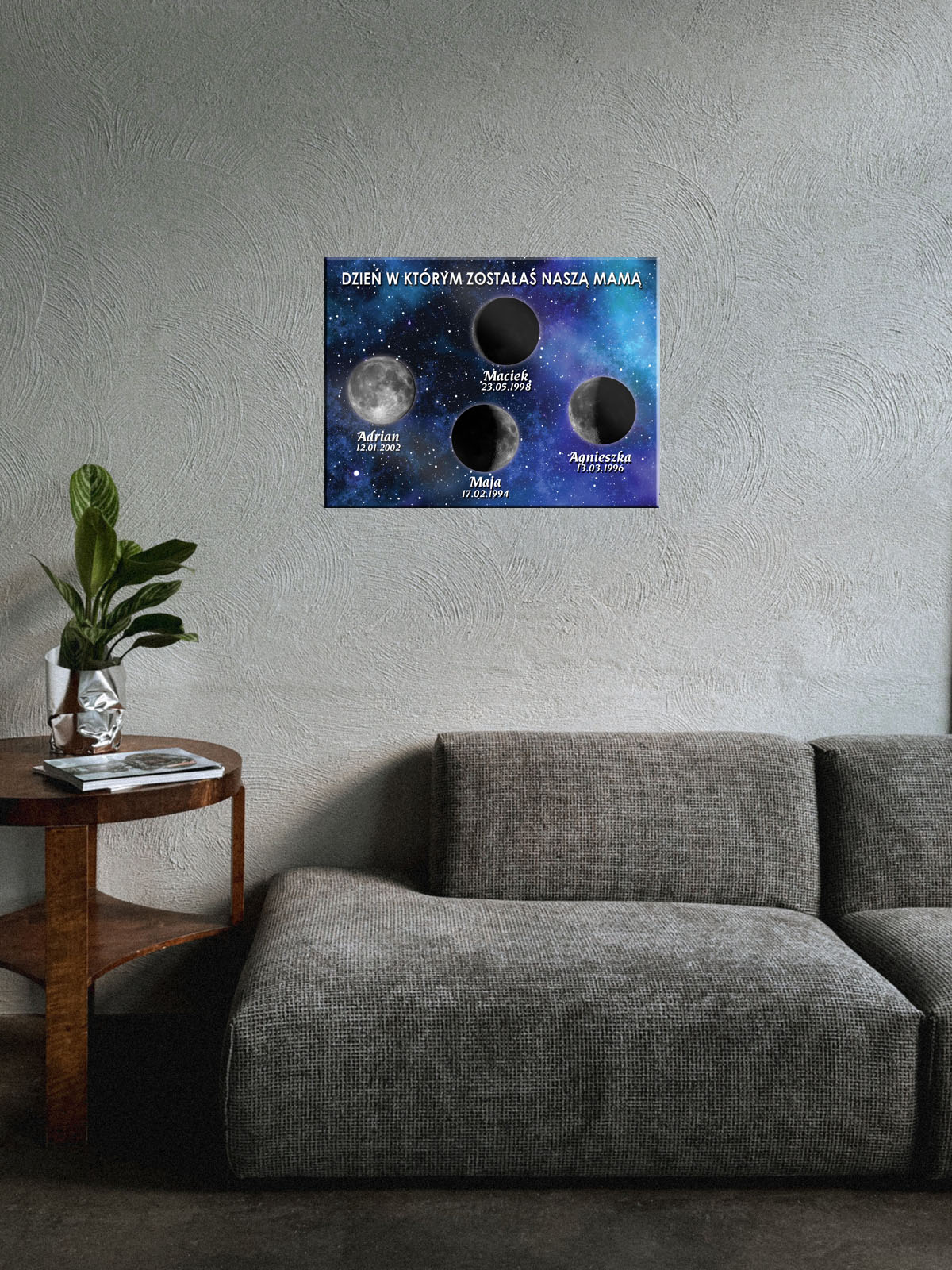 Wyjątkowy prezent na Dzień Matki. Pamiatka z fazami księżyca w dni zostania Mamą