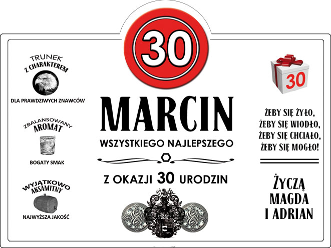 Etykieta perosnalizowana Bacardi z wiekiem, imieniem i z życzeniami urodzinowymi