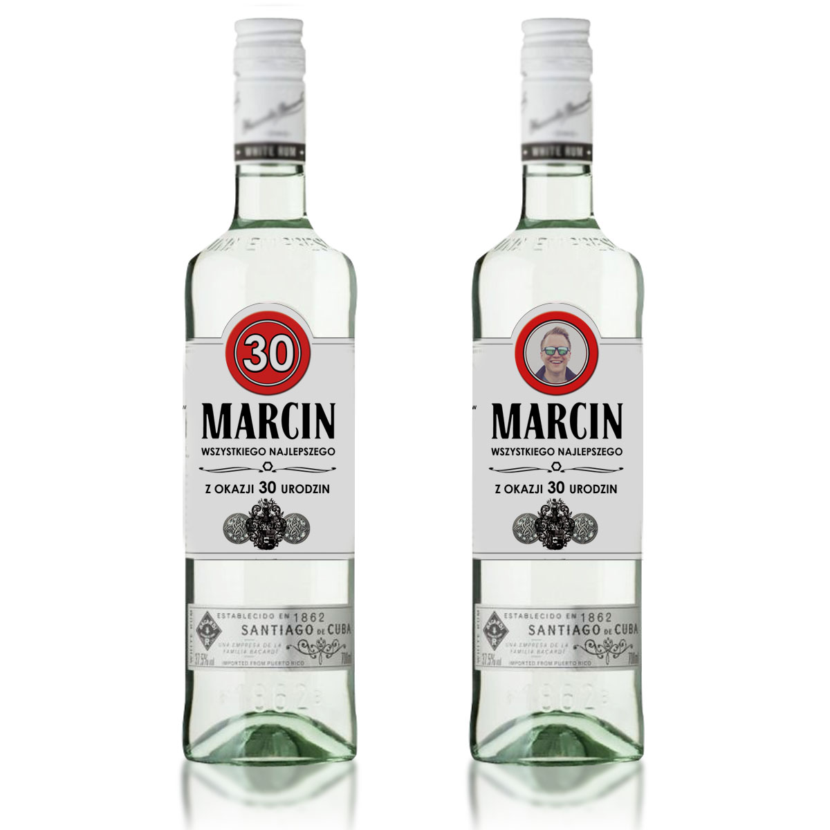Etykiety personalziowane na butelki Bacardi ze zdjeciem, życzeniami i wiekiem